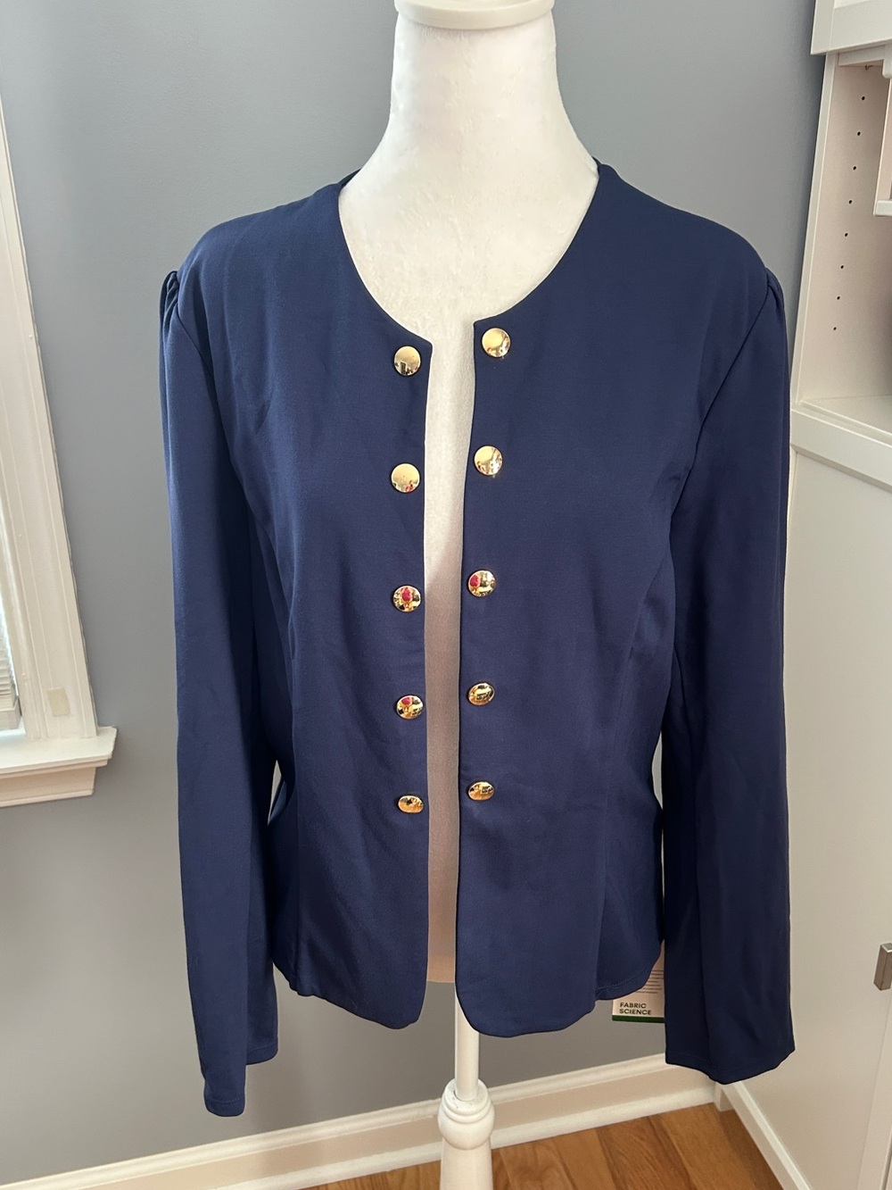 Halara Blazer Jacket XL Navy Blue NWT Gold Button Collarless Workwear Stretch